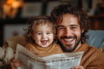 A dad reading a newspaper while his child playfully jumps onto his lap, both laughing