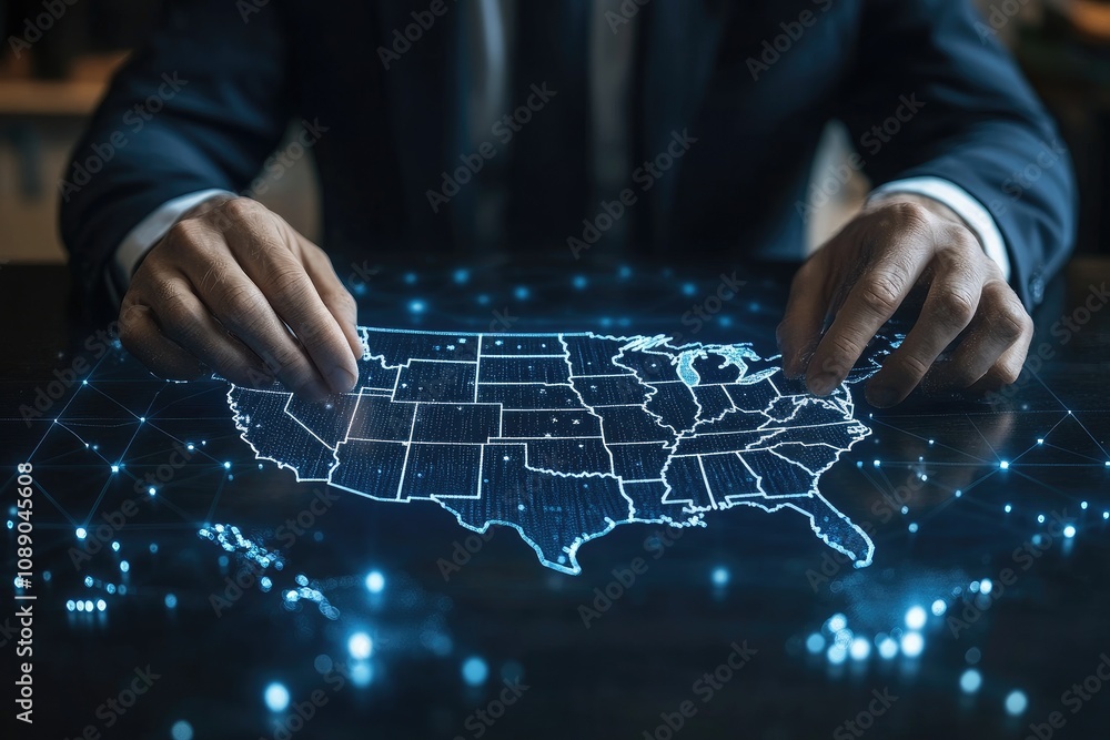 Aufkleber businessman exploring hologram of united states map with data points