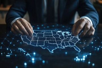 Businessman exploring hologram of united states map with data points