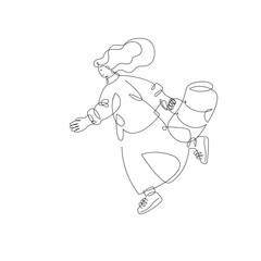 Running young woman with bag isolated on white background