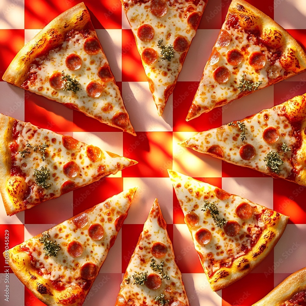Poster vibrant 3d mini pizza slices pattern on checkered background