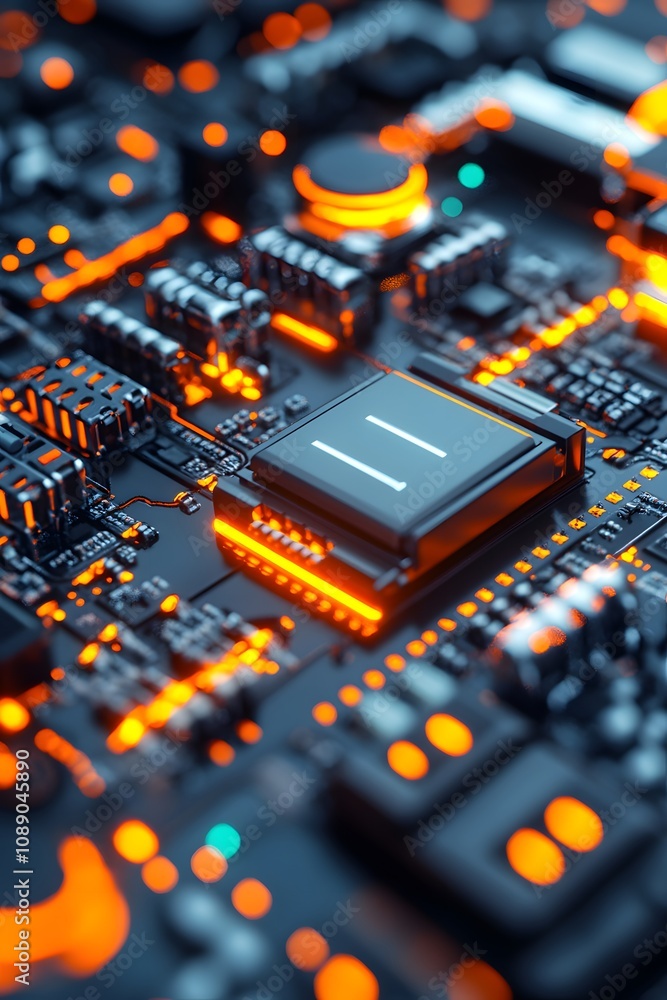 Poster close-up view of a circuit board with glowing components and intricate patterns.