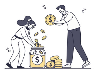 Illustration of a businessman holding money and a bag of cash in a cartoon style