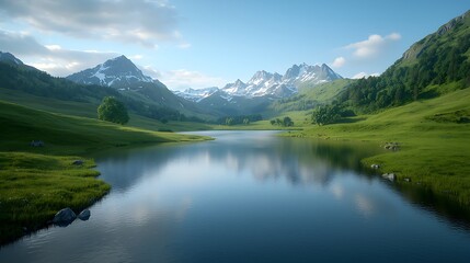 Naklejka premium Serene mountain landscape tranquil river nature photography scenic view peaceful environment