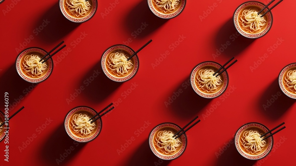 Poster miniature 3d ramen bowls in repeating pattern on glowing dark red background