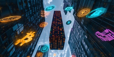 Cryptocurrency coins float above a futuristic cityscape, symbolizing digital currency's growth and impact on global finance.