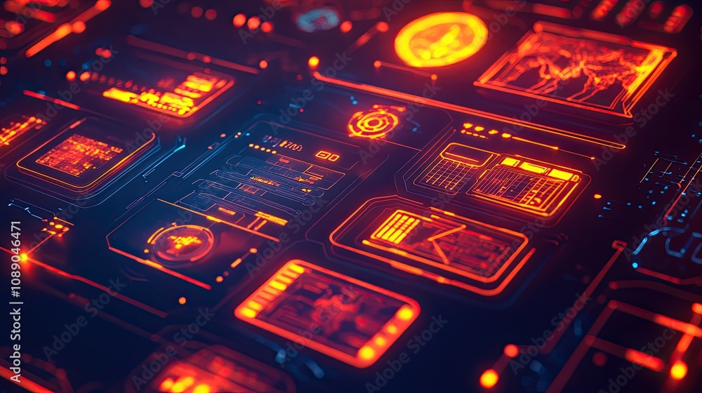 Poster futuristic interface displays glowing red neon data