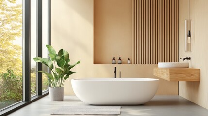 Beige-themed bathroom with a sleek sink, soaking tub, wooden slats, and a panoramic window, creating a warm and serene retreat bathed in natural light.