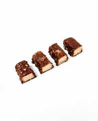Slice of chocolate wafer. The taste is so sweet, pass for chill out and fulfilling. Isolated white background