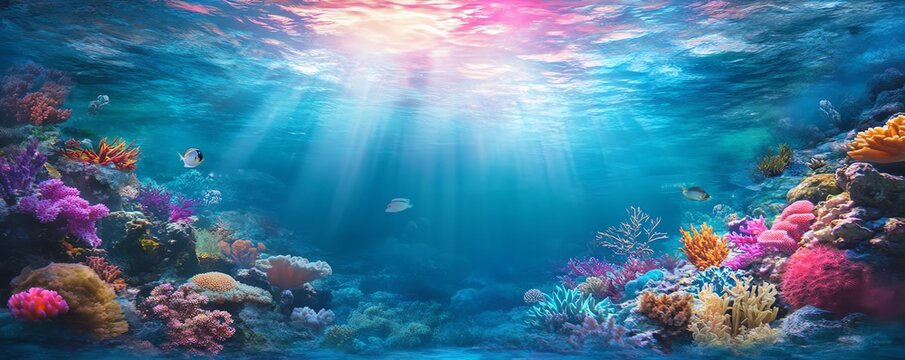 Vibrant underwater scene with colorful coral reef, diverse fish, and sunbeams penetrating the ocean surface. Ideal for marine life, ocean, and nature themes.