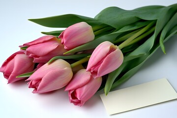 Fresh Pink Tulips on White Background with Blank Tag for Personalization or Gift Ideas, Perfect for Spring Celebrations, Weddings, or Floral Arrangements