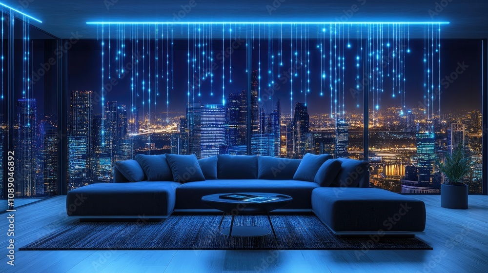 Poster a smart home interior with connected devices and automated energy-efficient systems managing power u