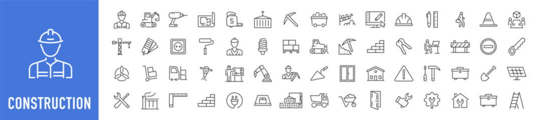 Construction web icons in line style. Building, engineer, business, road, repair tools, equipment, helmet, crane, builder, industry collection. Vector illustration.