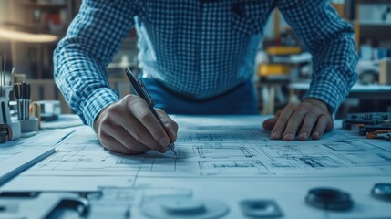 An aerospace engineer reviewing engine schematics of a commercial aircraft.