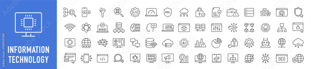 Poster information technology web icon set in line style. network, web design, website, computer, software,