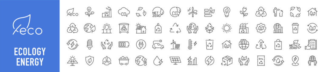 Ecology and Energy web icons in line style. Nature green, electric car, organic, renewable energy, green technology, environmental energy collection. Vector illustration. © iiierlok_xolms