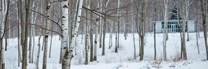 Fototapeta premium serene bare winter birch tree in a peaceful snow-covered forest, wintery wonderland, snowy landscape