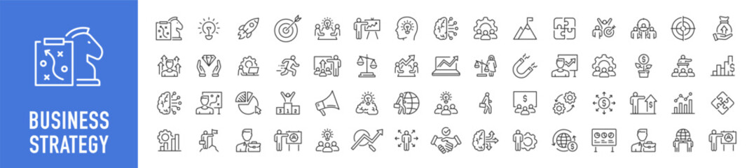 Business Strategy web icons in line style. Srtategy, startup, teamwork, people, plan, payment, management, target, employee, infographic. Icon collection. Vector illustration.