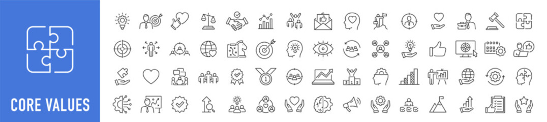 Core Values web icon set in line style. Innovation, integrity, customers, accountability, teamwork, goals, motivation collection. Vector illustration.