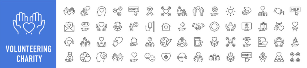 Volunteering and charity web icons in line style. Donate, donor, doctor, care, help, support, collection. Vector illustration.