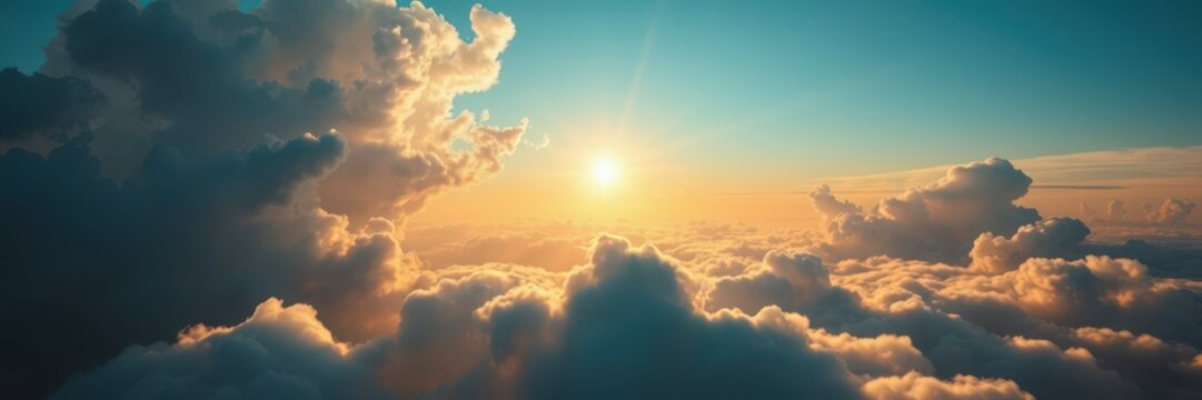 Golden sunlight streams through fluffy clouds at sunset above Earth - Powered by Adobe