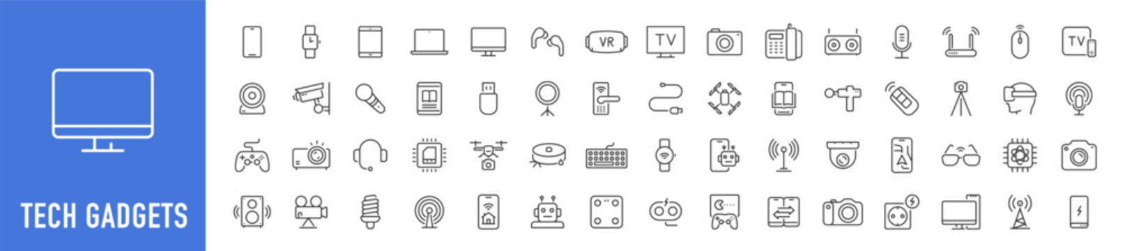 Tech Gadgets web icons in line style. Phone, tablet, laptop, startup, tv, dron, robot, game controler, vr, headphones, projector, collection. Vector illustration.