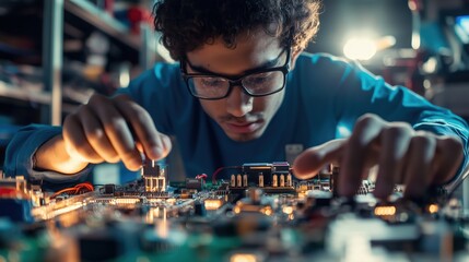 A young engineering intern assembling electronic components on a circuit board.