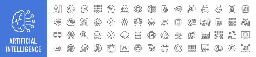 Artificial Intelligence web icons in line style. Innovation technology, machine, robot, bot, brain, collection. Vector illustration.