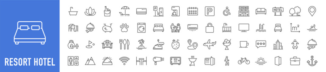 Resort Hotel web icons in line style. Wellness, beach, tourism, hotel, passport, maps, spa, landscape, camera. Icon collection. Vector illustration.