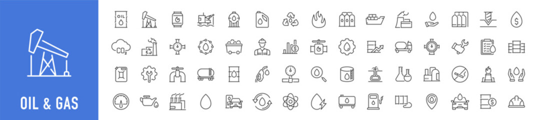 Oil and Gas web icons in line style. Fuel, gas station, refinery, petroleum, oil well, gas pump, energy, barrel, industry, transportation, collection. Vector illustration.	Art & Illustration
