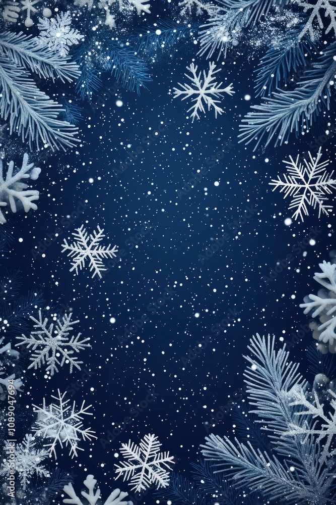Poster snowflakes and pine branches creating a festive christmas border on dark blue background