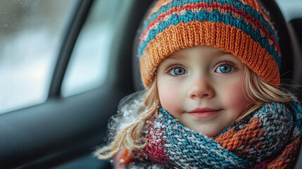 portrait of a young child sitting in the backseat of a car ready for winter adventure.