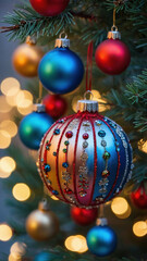 Christmas tree fir pine branches decorated with beautiful colorful baubles balls with festive blurry lights in the background. Xmas New Year winter season stories design illustration.