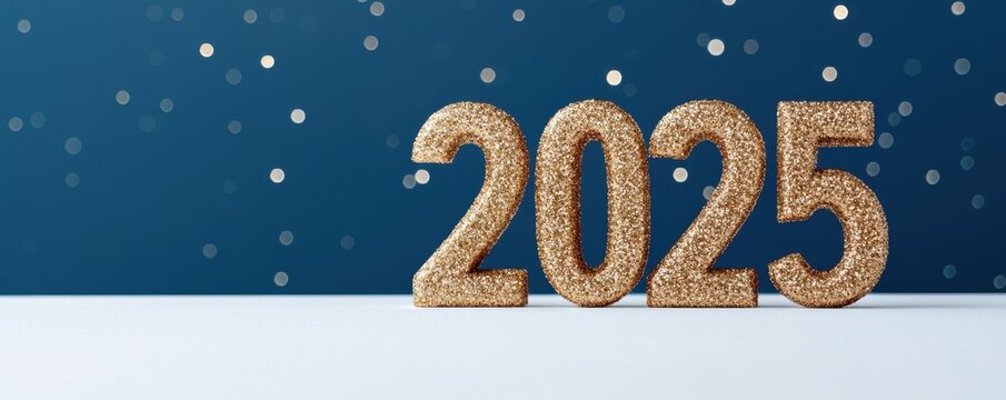 Year-end concept featuring New Year 2025 countdown. A glittering "2025" on a blue background, evoking celebration and anticipation for the upcoming year