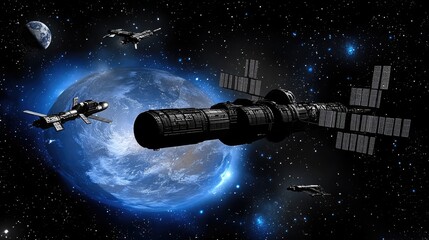 Naklejka premium A visionary space elevator structure, surrounded by bustling spacecraft and the blue curve of Earth.