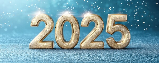 Year-end concept featuring New Year 2025 countdown. A sparkling representation of the year 2025, set against a glittery backdrop, symbolizing celebration and new beginnings