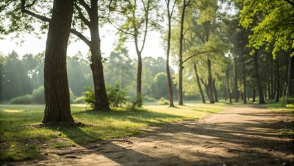 Fototapeta premium Soft focus captures the serene beauty of a forest illuminated by dappled sunlight, woodland setting, leafy branches, natural light, green foliage