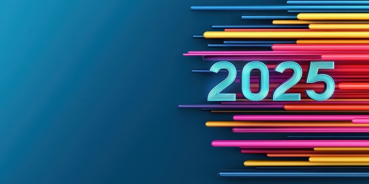 Year-end concept featuring New Year 2025 countdown. A vibrant digital design featuring the year "2025" with colorful horizontal lines against a blue background
