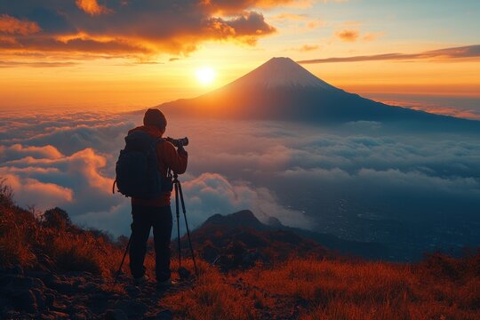 Photographer capturing majestic sunrise over mount fuji, japan