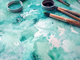 Vibrant mint green watercolor painting with brushes and paint jars