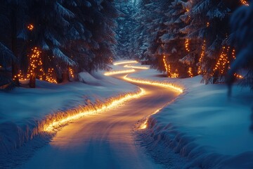 Fototapeta premium Winding road illuminating snowy forest with christmas lights at twilight