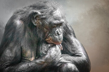 Chimpanzee in Reflective Pose, Head Resting on Hand.
