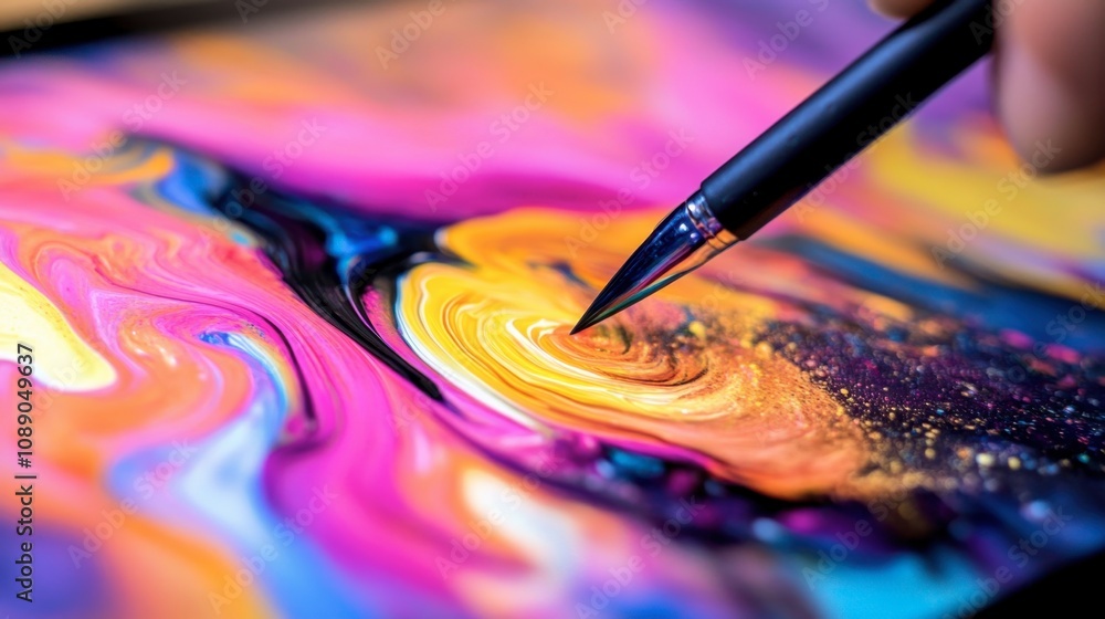 Poster vibrant abstract artwork creation with colorful swirls and dynamic patterns using a stylus on a digi