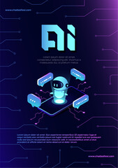 Artificial intelligence chat service business concept. Modern vector illustration of people using AI technology and talking to chatbot. Banner concept with neural network robot, AI servers technology.