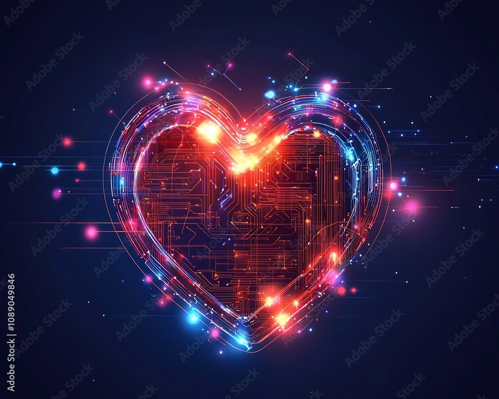 Poster futuristic digital heart pulsing with glowing circuits and luminous lights representing technologica
