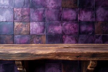 Deep purple textured tiles with rustic details, paired with a rough wooden table in warm tones
