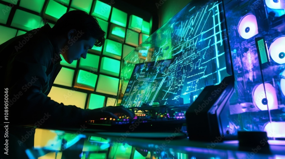 Aufkleber A person is focused on coding at a high-tech workstation, surrounded by colorful LED lights and multiple screens displaying complex data and graphics. The atmosphere is immersive and energetic.