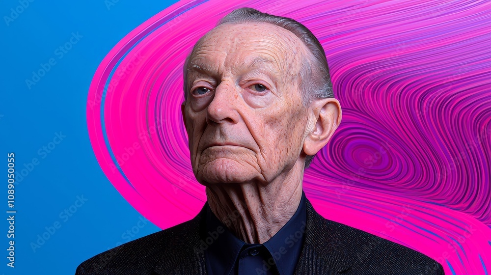 Poster a captivating portrait of an elderly man against a vibrant abstract background capturing timelessnes