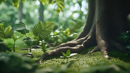 Fototapeta premium Lush Tropical Forest with Vibrant Green Leaves and Tree Roots, Capturing the Essence of Nature's Beauty in a Serene and Tranquil Setting