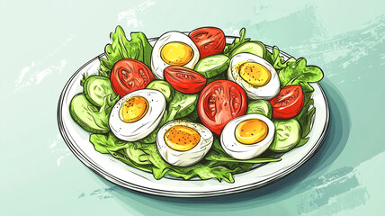 Fresh salad with boiled eggs, tomatoes, and cucumbers on a plate